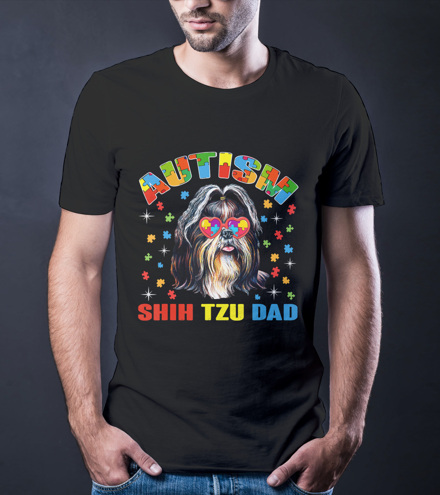 Autism Awareness Cute Shih Tzu Dog Dad With Puzzle Heart Glasses T-Shirt