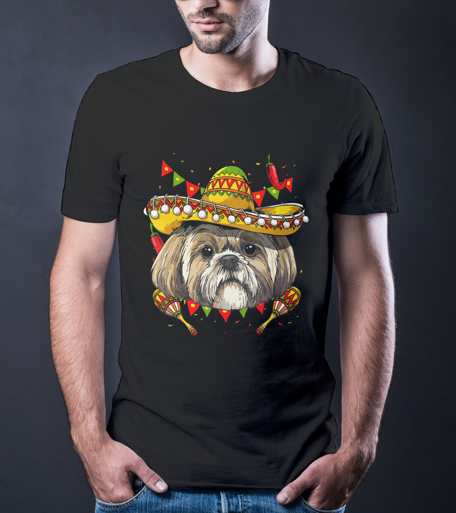 Cinco De Mayo Shih Tzu Sombrero Maracas Chili Peppers Fiesta T-Shirt