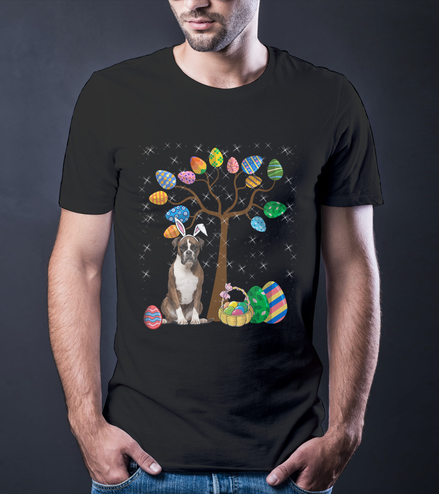 Boxer Dog With Easter Egg Tree And Bunny Ears For Easter Day T-Shirt