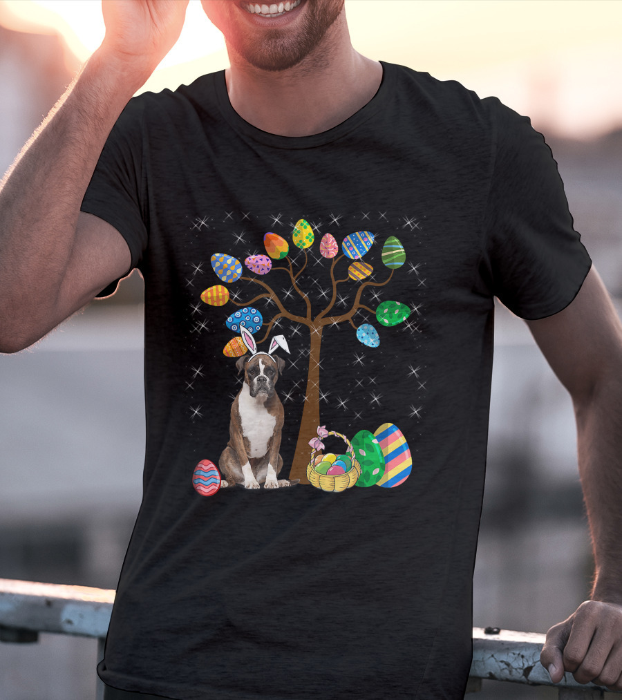 Boxer Dog With Easter Egg Tree And Bunny Ears For Easter Day T-Shirt