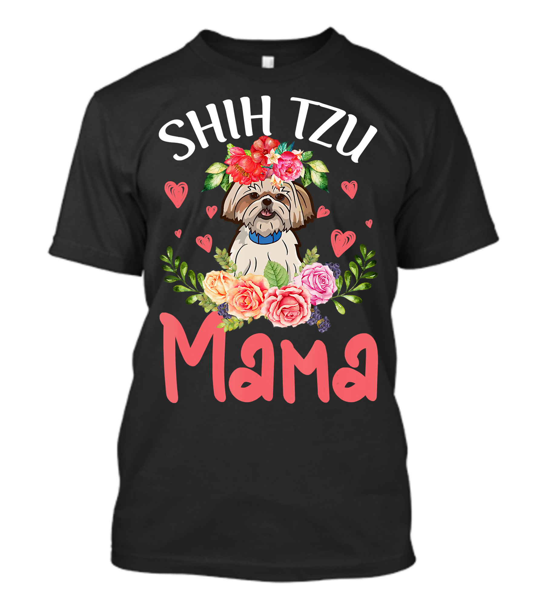 Shih Tzu Mama With Floral Heart Accents T-Shirt