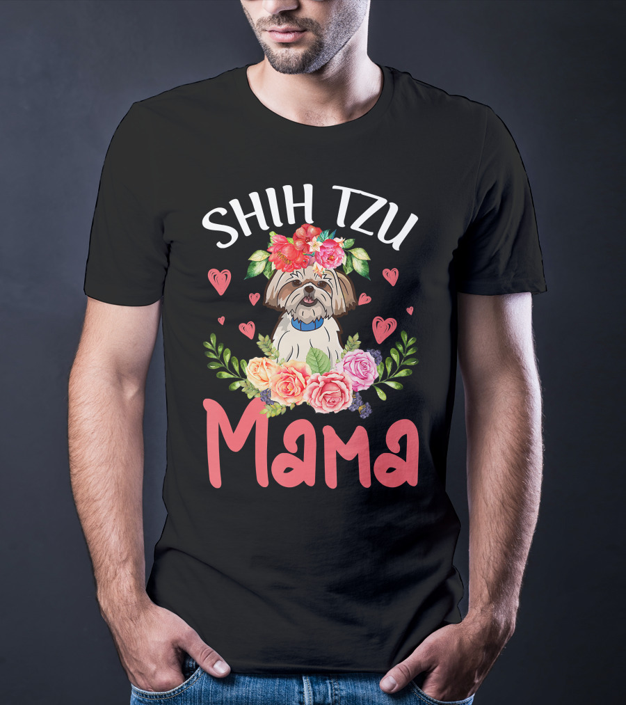 Shih Tzu Mama With Floral Heart Accents T-Shirt