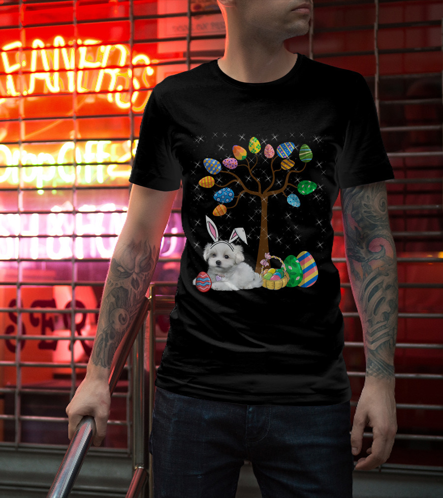 Maltese Dog With Bunny Ears Hunting Easter Eggs On Egg Tree T-Shirt