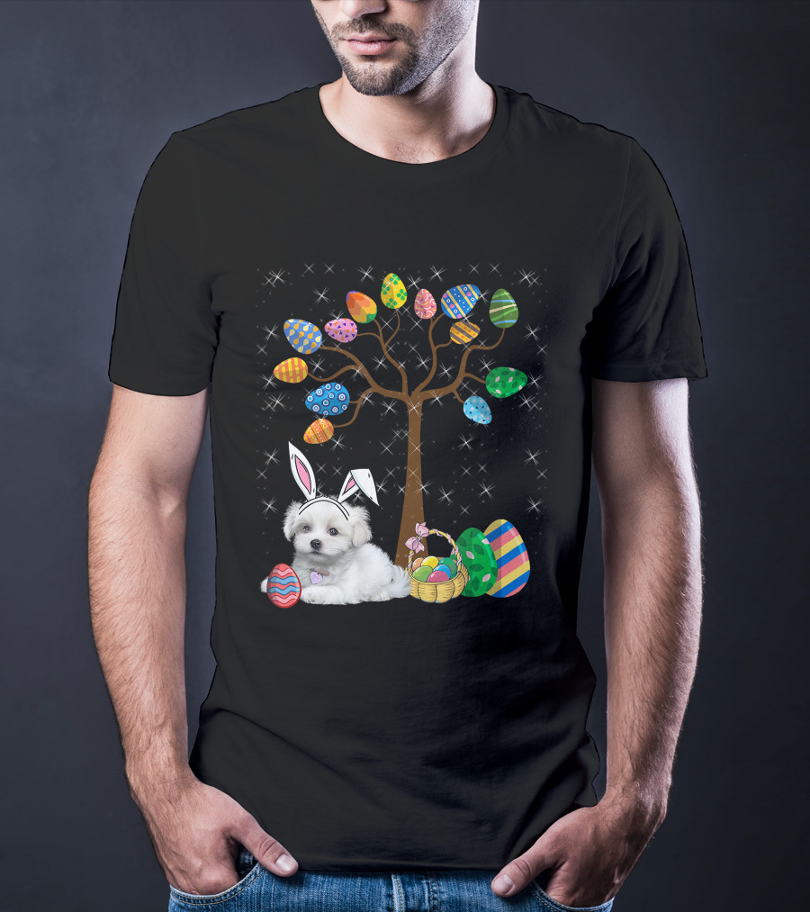 Maltese Dog With Bunny Ears Hunting Easter Eggs On Egg Tree T-Shirt