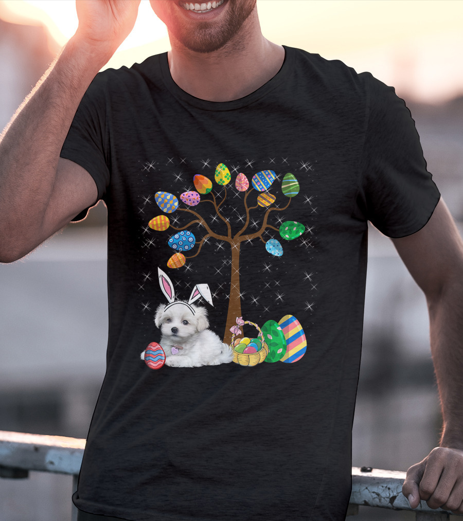 Maltese Dog With Bunny Ears Hunting Easter Eggs On Egg Tree T-Shirt