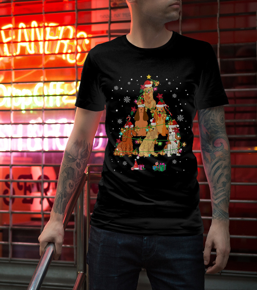Cocker Spaniel Christmas Tree With Santa Hats And Snowflakes T-Shirt