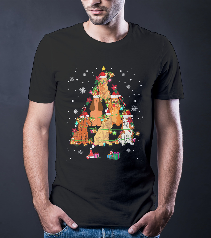 Cocker Spaniel Christmas Tree With Santa Hats And Snowflakes T-Shirt