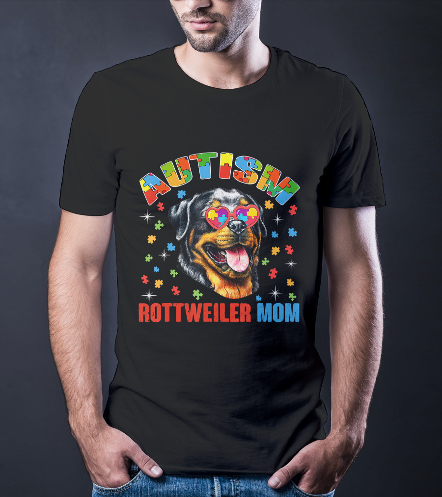 Rottweiler Mom Autism Awareness Puzzle Heart Glasses T-Shirt