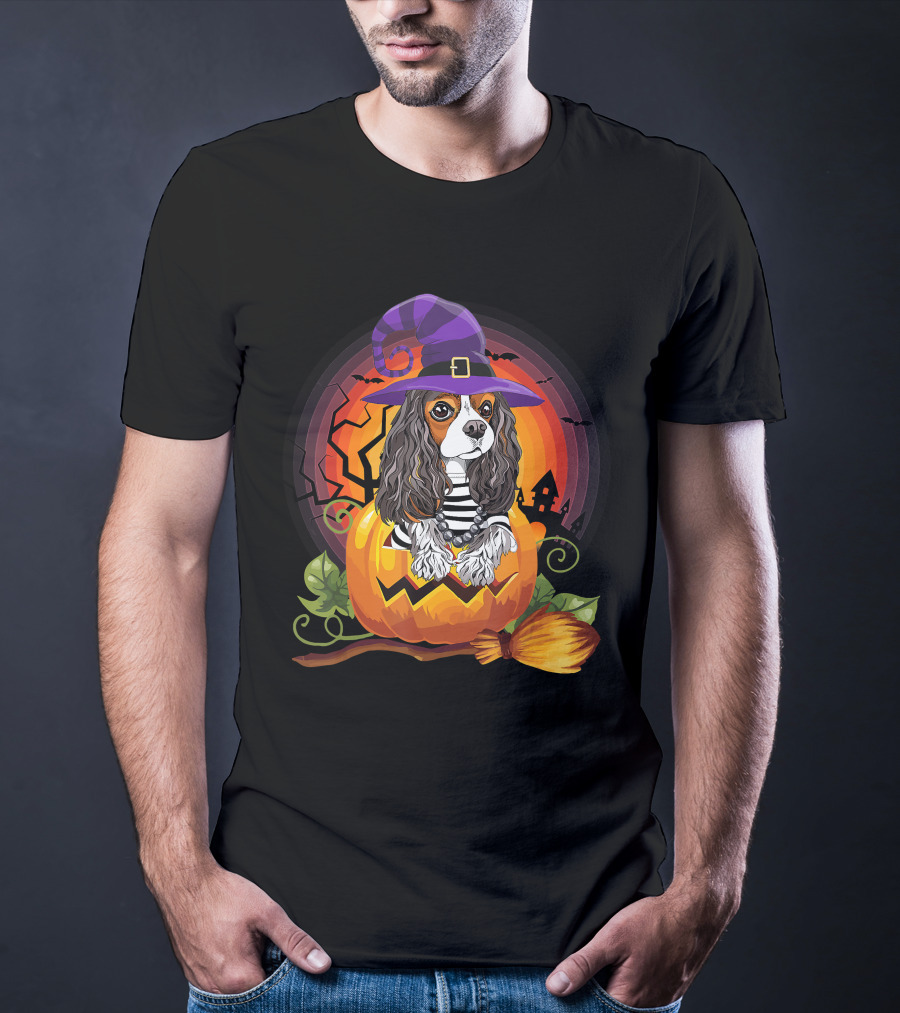 Cavalier Witch Dog In Pumpkin Halloween Scene T-Shirt
