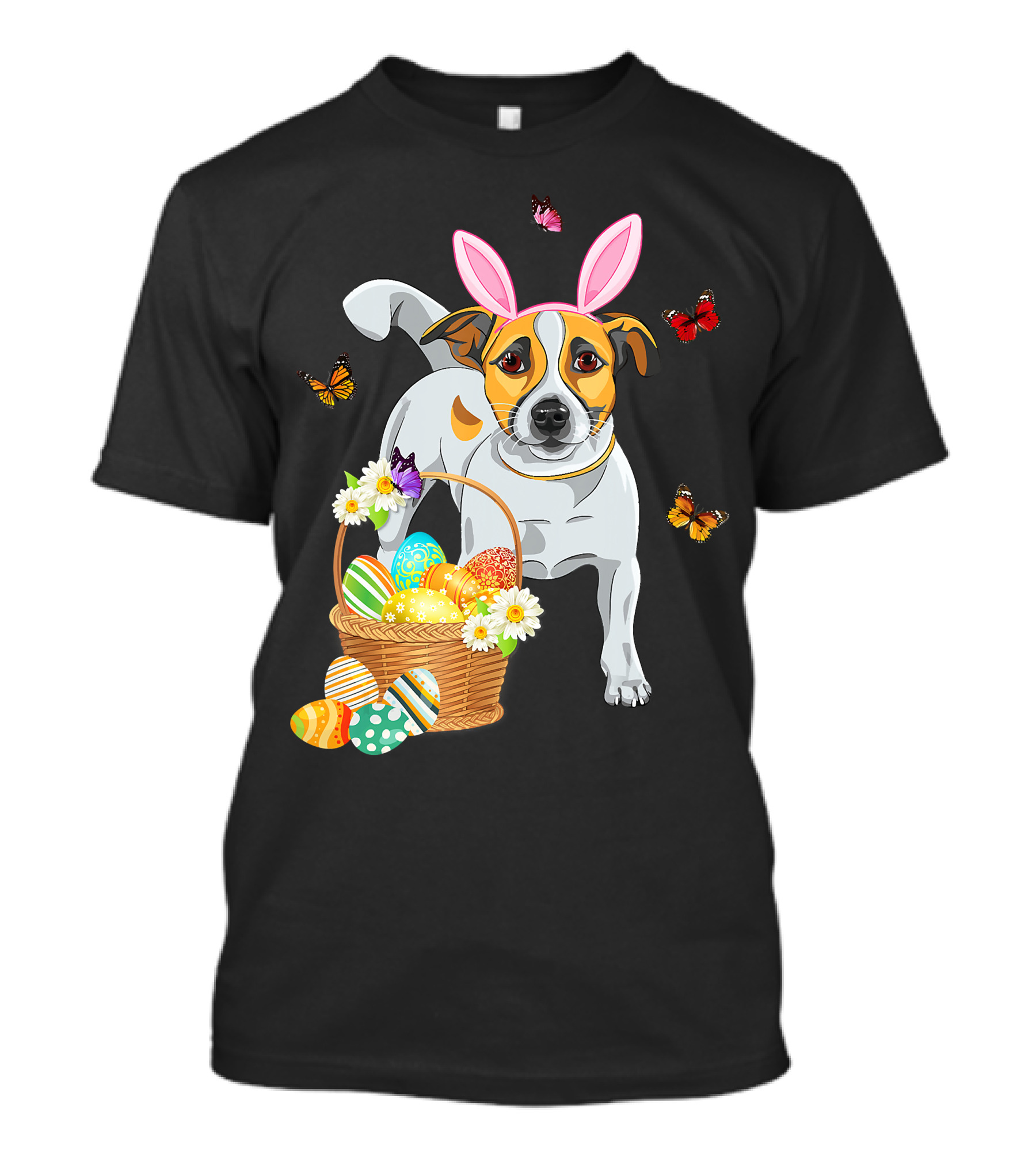 Cutes Jack Russell Bunny Ear With Butterflies And Easter Eggs In Basket T-Shirt