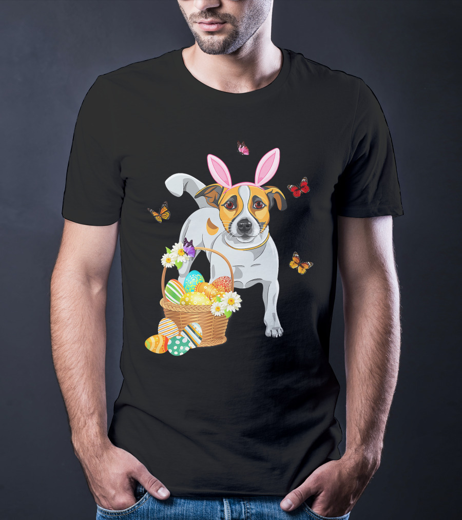 Cutes Jack Russell Bunny Ear With Butterflies And Easter Eggs In Basket T-Shirt
