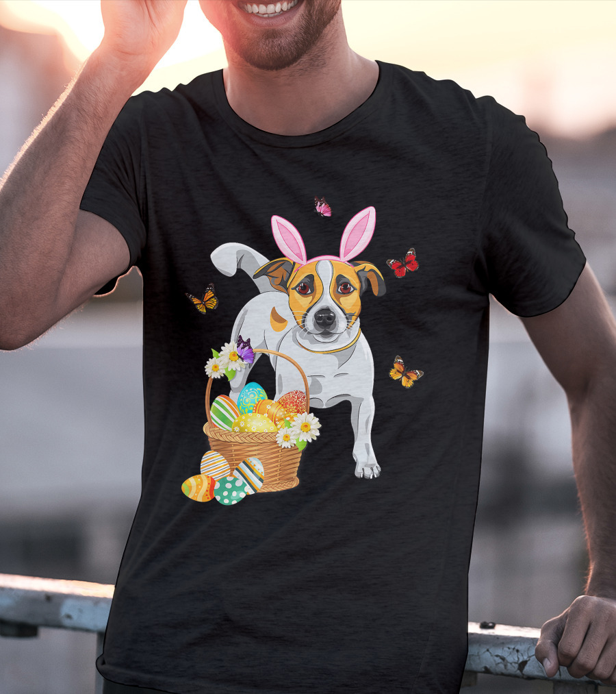 Cutes Jack Russell Bunny Ear With Butterflies And Easter Eggs In Basket T-Shirt