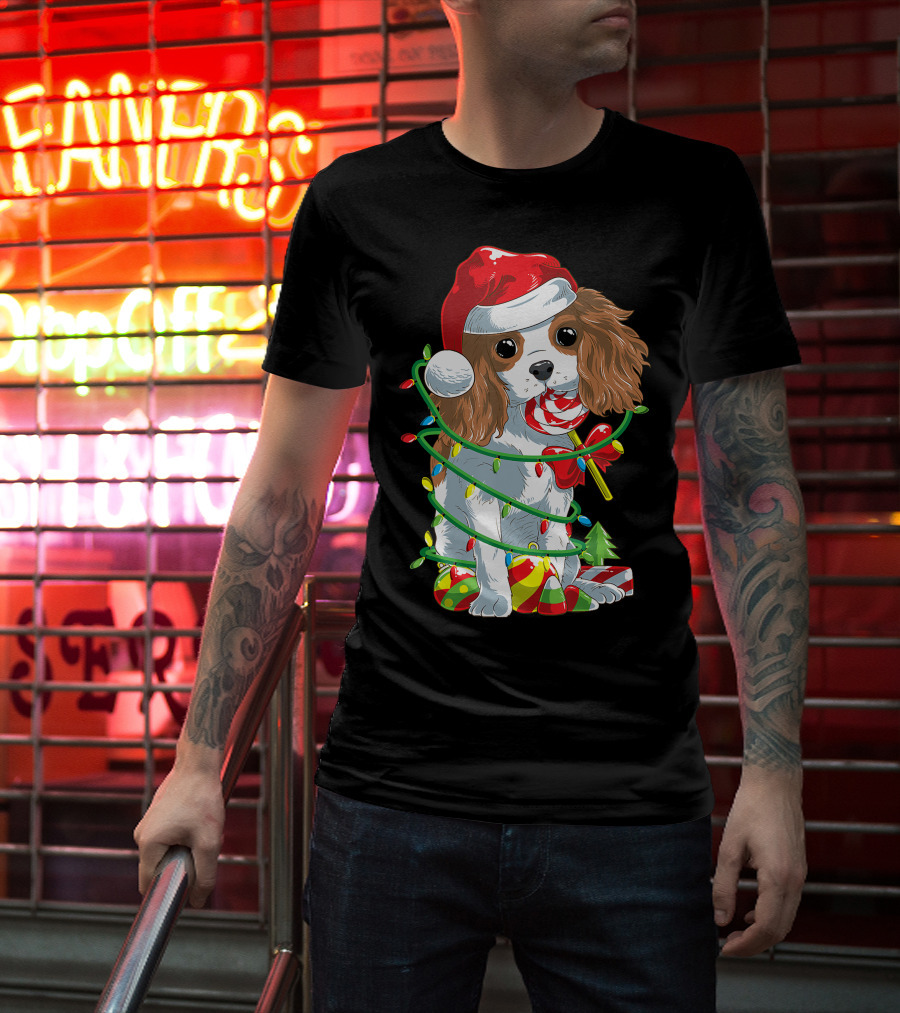 Cute Cavalier King Charles Spaniel Dog In Santa Hat With Christmas Lights And Candy Cane T-Shirt