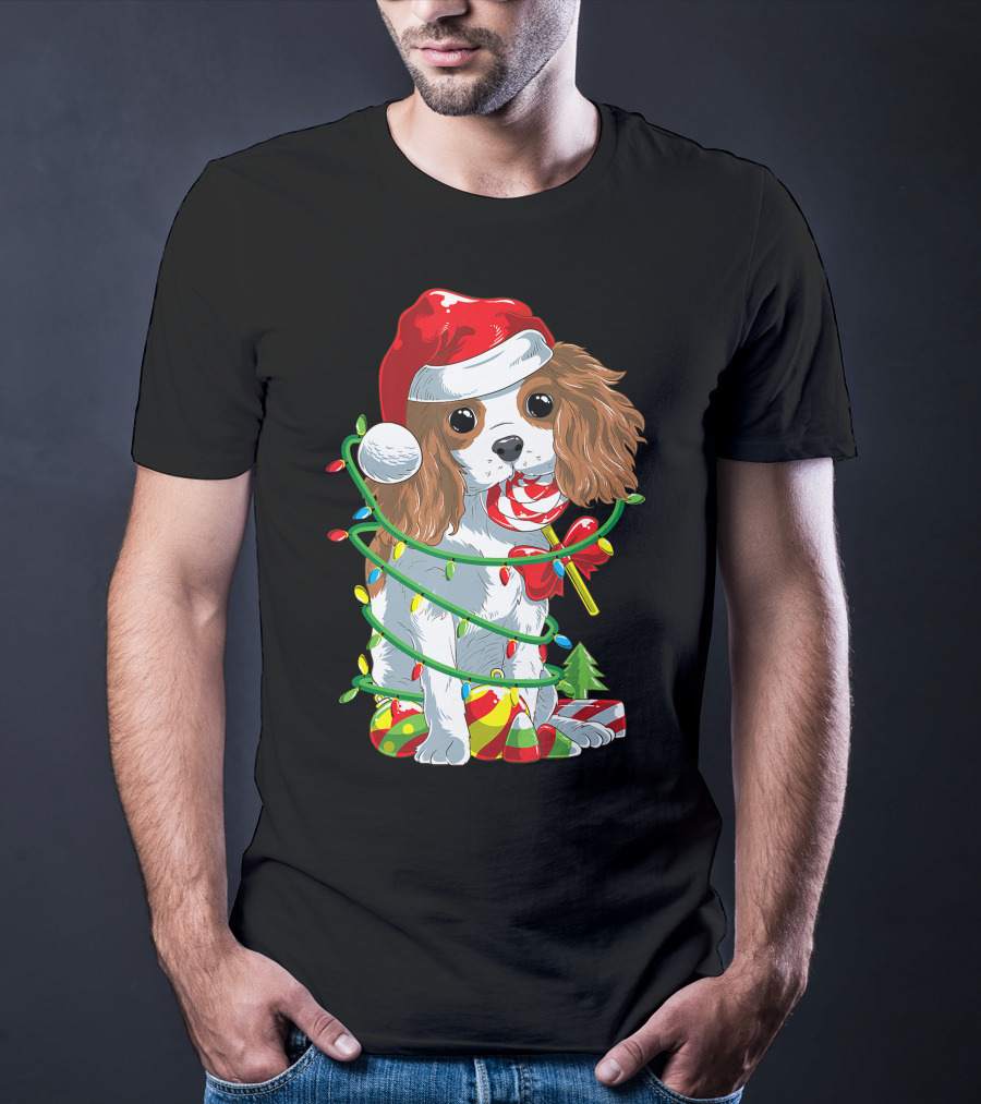 Cute Cavalier King Charles Spaniel Dog In Santa Hat With Christmas Lights And Candy Cane T-Shirt