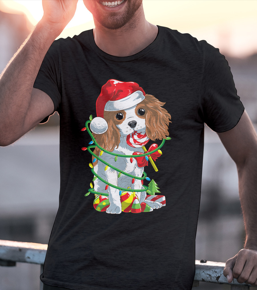 Cute Cavalier King Charles Spaniel Dog In Santa Hat With Christmas Lights And Candy Cane T-Shirt