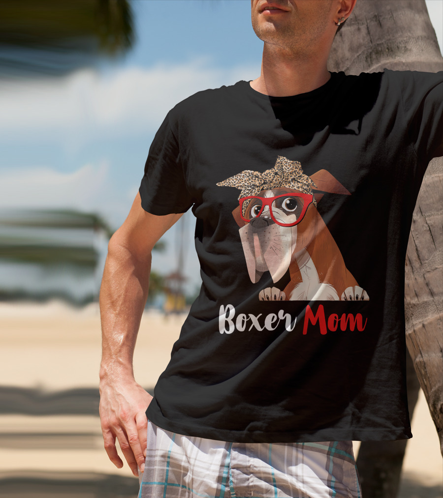Boxer Mom With Red Glasses And Leopard Headband For Dog Lovers T-Shirt