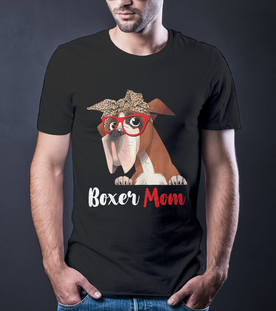 Boxer Mom With Red Glasses And Leopard Headband For Dog Lovers T-Shirt