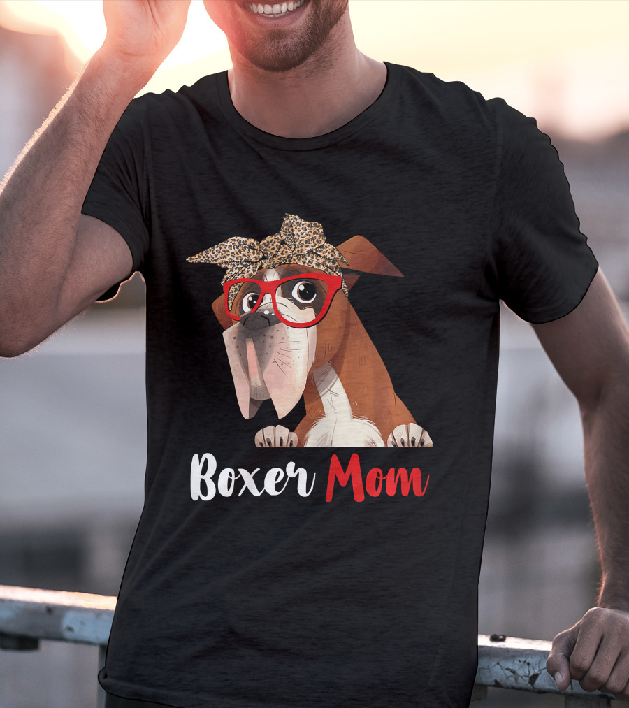 Boxer Mom With Red Glasses And Leopard Headband For Dog Lovers T-Shirt