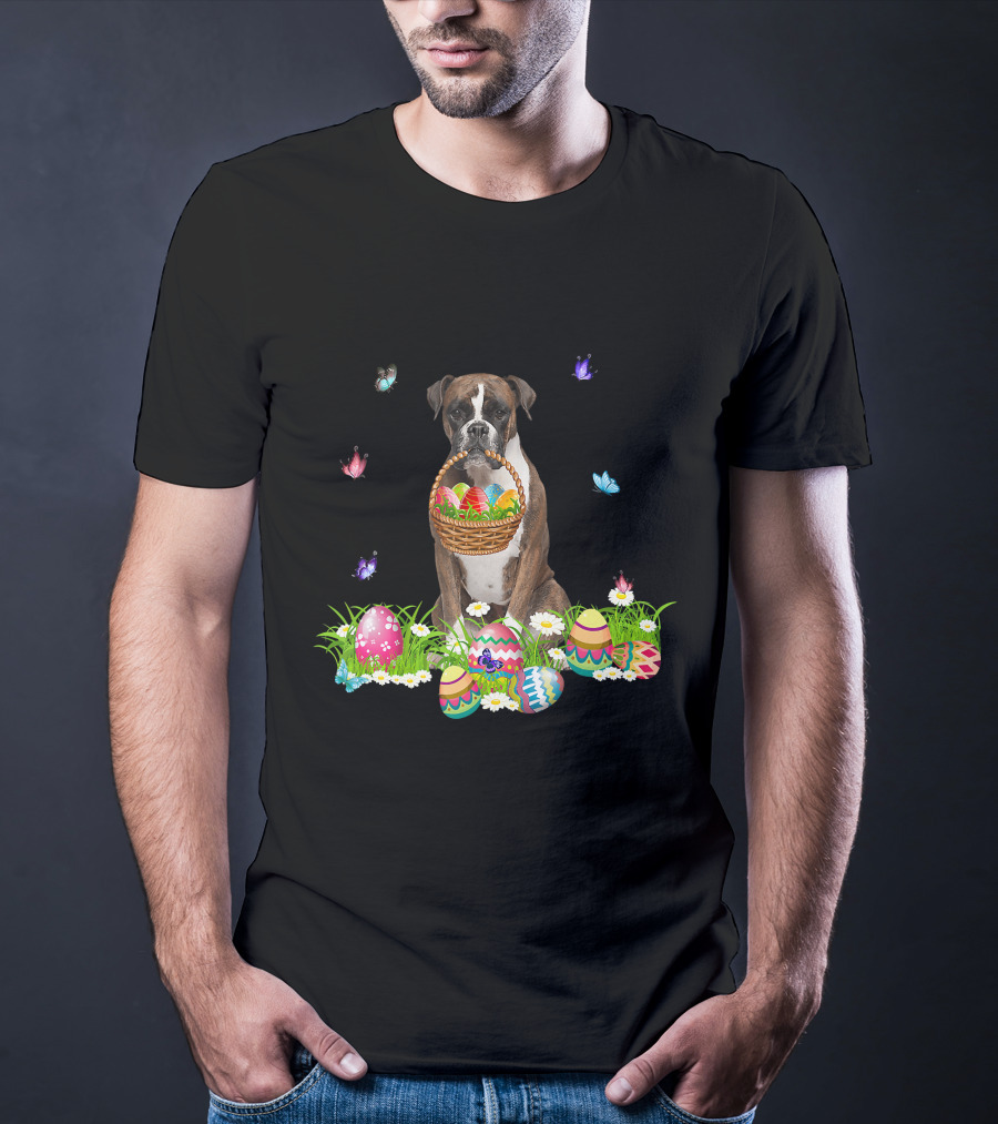 Boxer Dog Holding Easter Eggs Basket Surrounded By Butterflies And Flowers T-Shirt