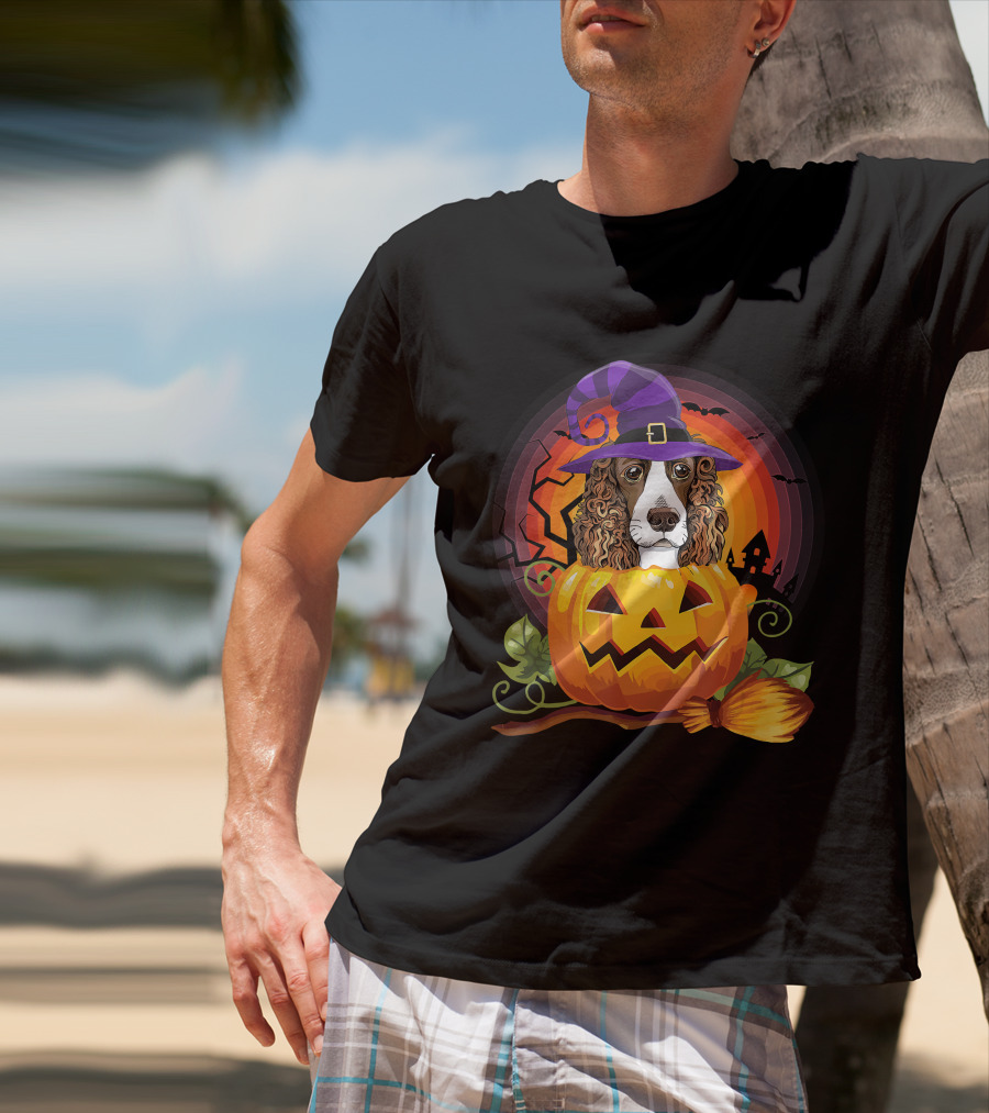 Dog Lover English Cocker Spaniel Witch Pumpkin Halloween Scene T-Shirt