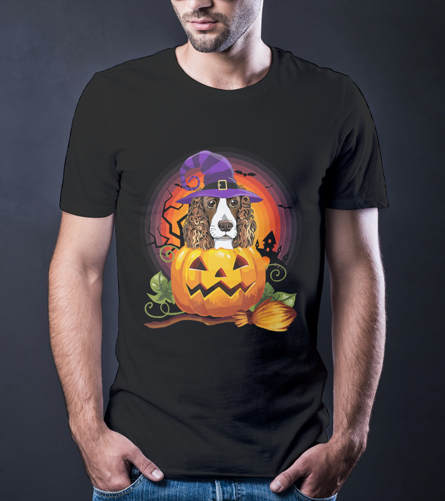 Dog Lover English Cocker Spaniel Witch Pumpkin Halloween Scene T-Shirt