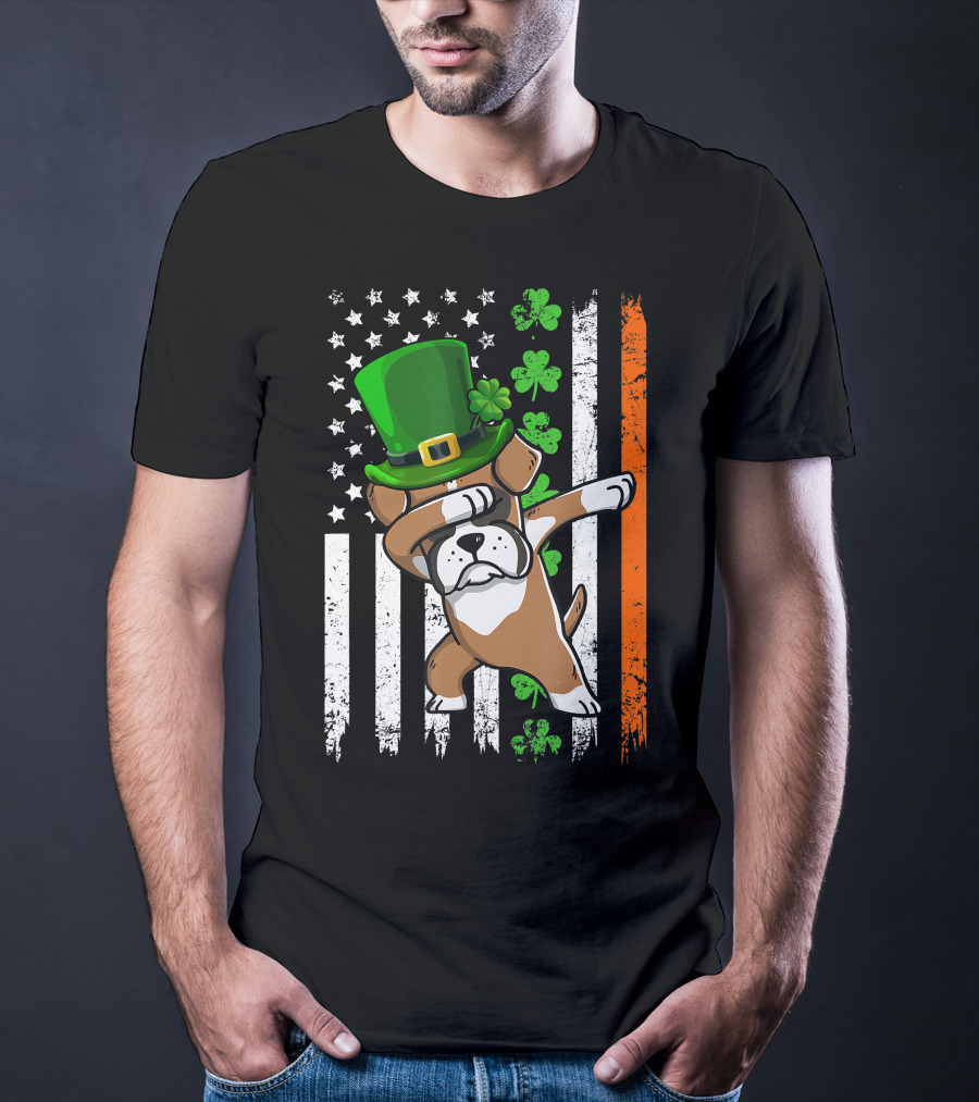 Dabbing Boxer Dog Leprechaun Hat American Irish Flag T-Shirt