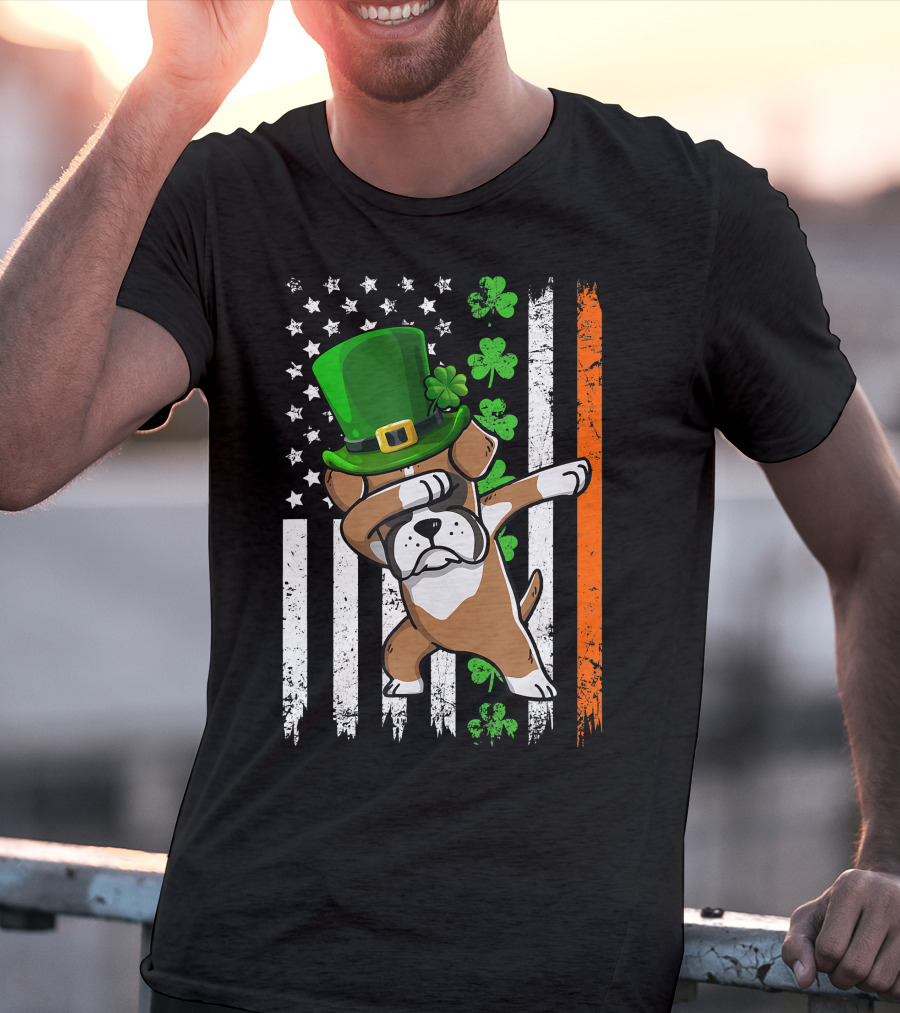 Dabbing Boxer Dog Leprechaun Hat American Irish Flag T-Shirt