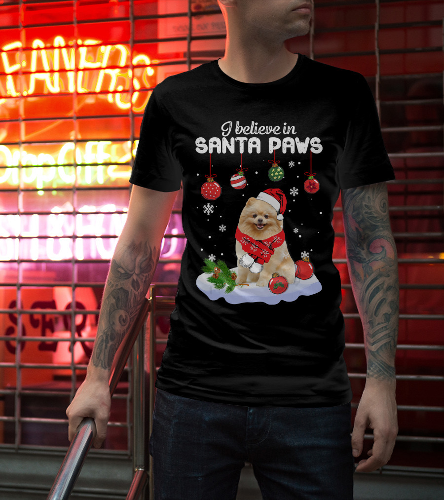 I Believe In Santa Paws Pomeranian Festive Christmas Ornaments Snowflakes T-Shirt