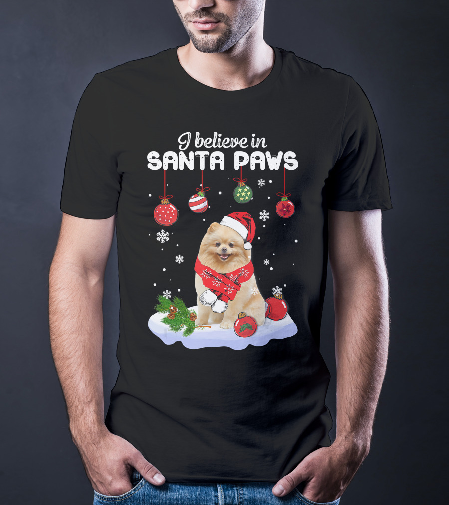 I Believe In Santa Paws Pomeranian Festive Christmas Ornaments Snowflakes T-Shirt