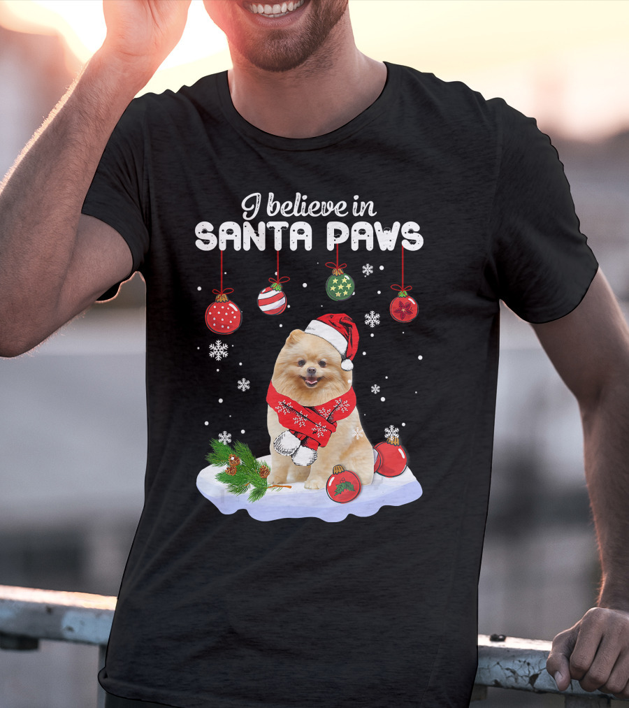 I Believe In Santa Paws Pomeranian Festive Christmas Ornaments Snowflakes T-Shirt