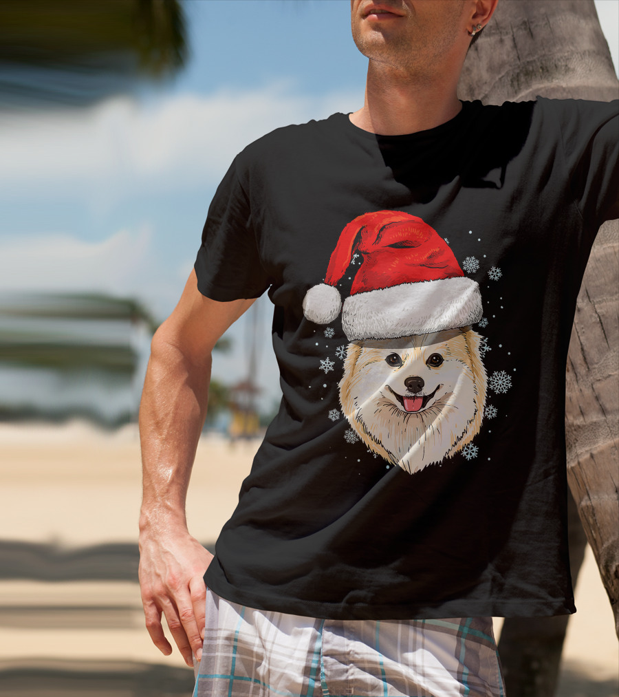 Pomeranian Santa Hat Snowflakes Christmas T-Shirt