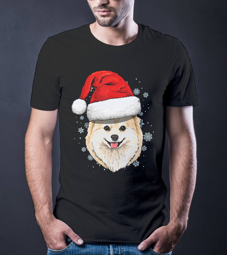 Pomeranian Santa Hat Snowflakes Christmas T-Shirt