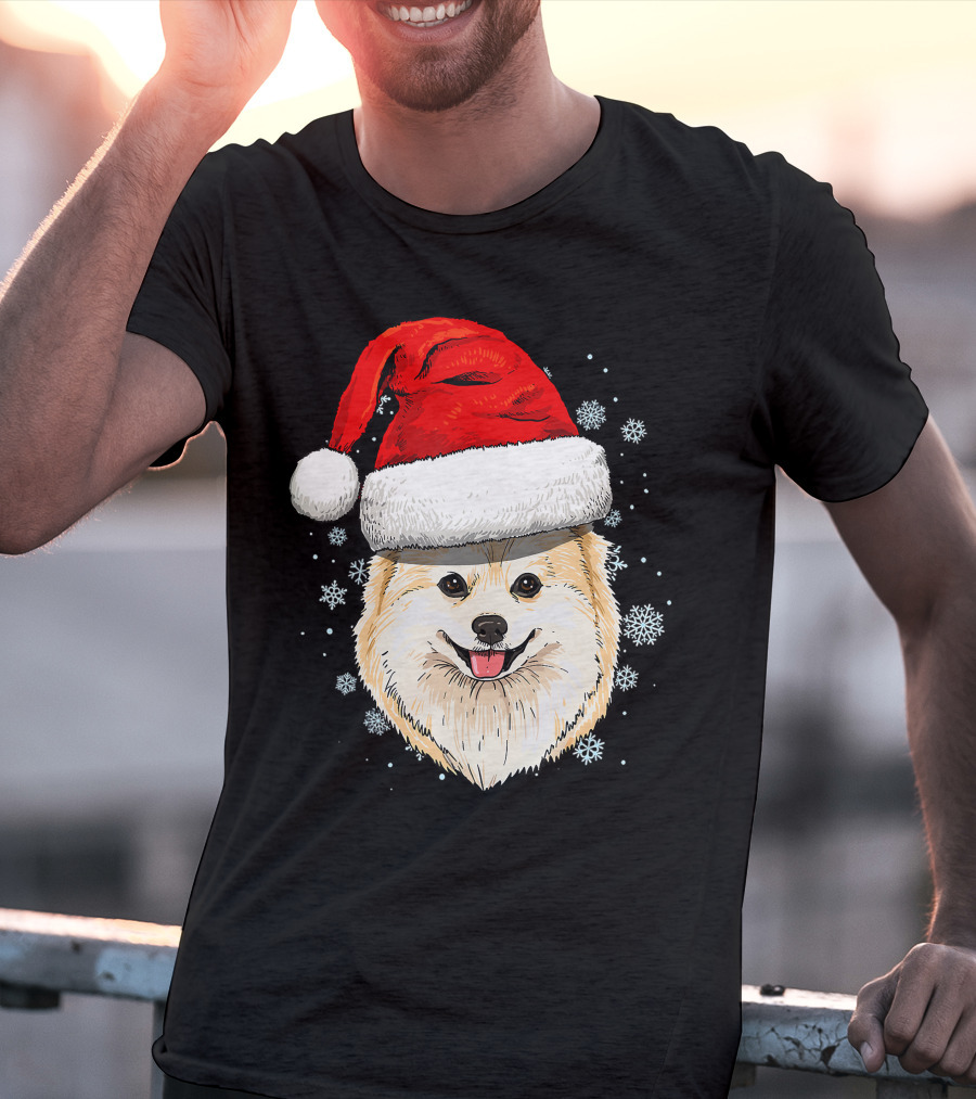 Pomeranian Santa Hat Snowflakes Christmas T-Shirt