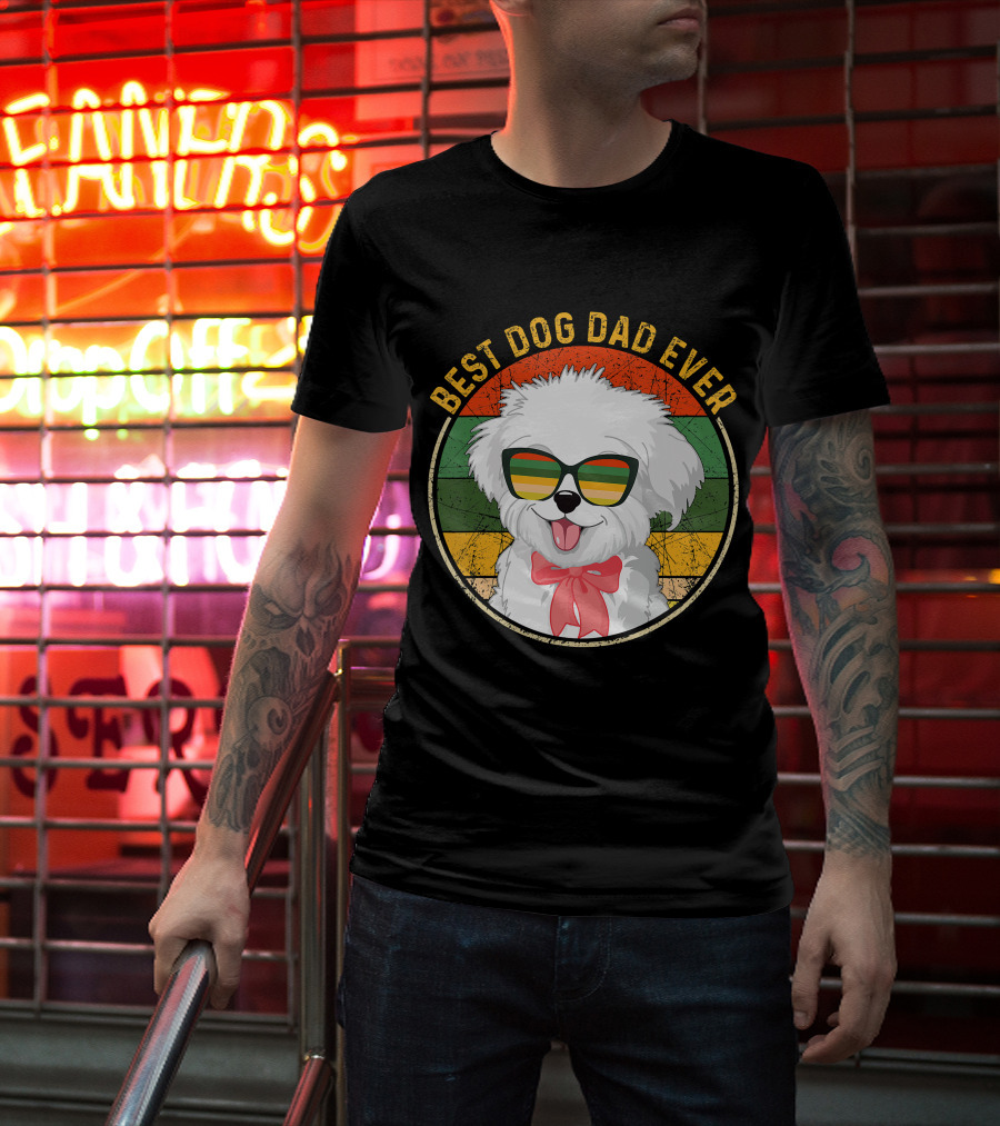 Best Dog Dad Ever Retro Vintage Maltese Sunglasses T-Shirt