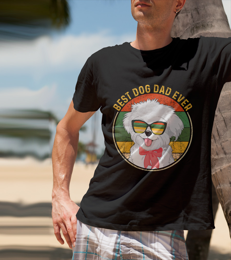 Best Dog Dad Ever Retro Vintage Maltese Sunglasses T-Shirt