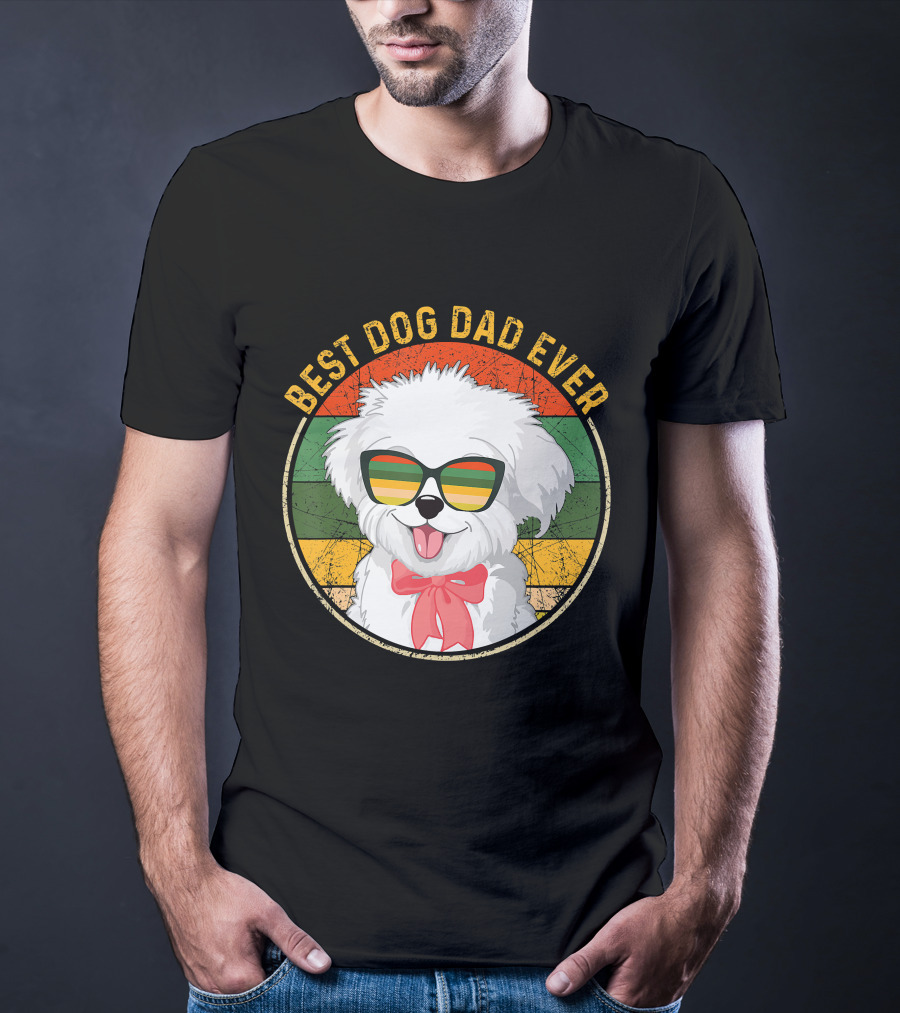 Best Dog Dad Ever Retro Vintage Maltese Sunglasses T-Shirt