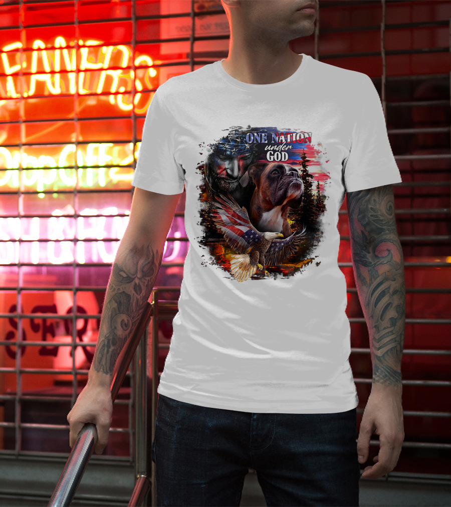 One Nation Under God Boxer With American Eagle And Flag Iconography T-Shirt