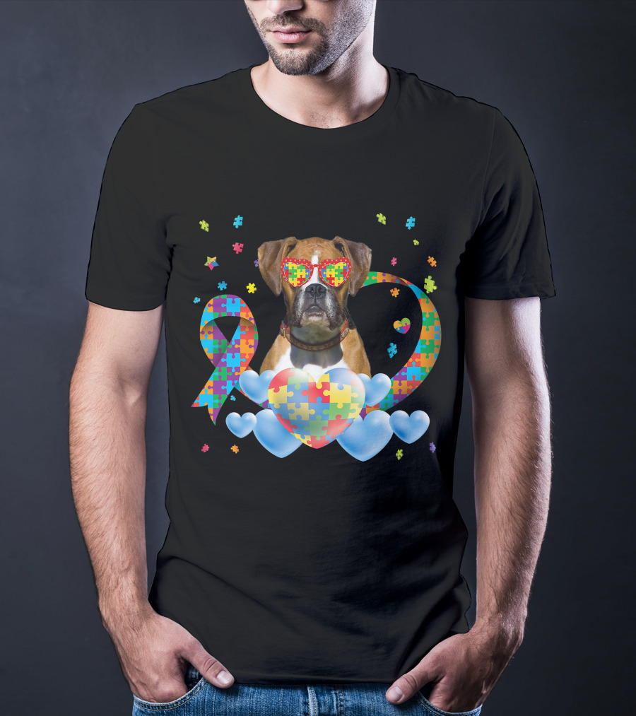 Boxer Dog Autism Awareness Heart Puzzle Ribbon Rainbow T-Shirt