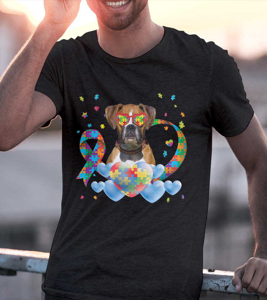 Boxer Dog Autism Awareness Heart Puzzle Ribbon Rainbow T-Shirt