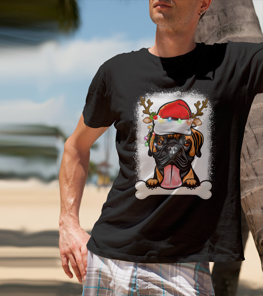 Boxer Dog With Santa Hat And Antlers Holding A Bone With Christmas Lights T-Shirt