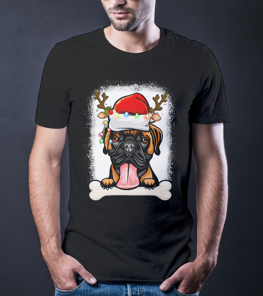 Boxer Dog With Santa Hat And Antlers Holding A Bone With Christmas Lights T-Shirt