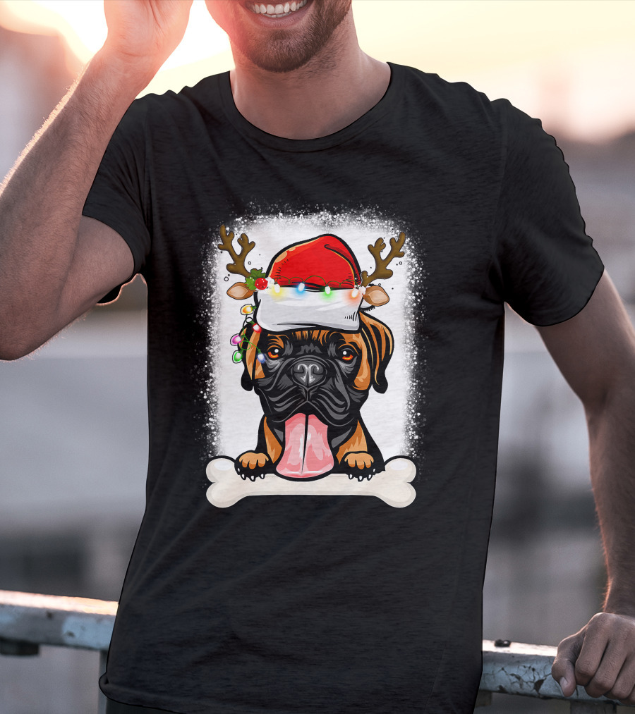 Boxer Dog With Santa Hat And Antlers Holding A Bone With Christmas Lights T-Shirt