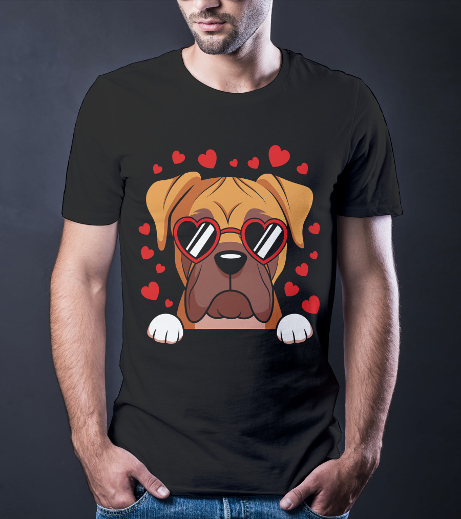 Boxer Dog Face With Red Heart Glasses Surrounded By Floating Hearts T-Shirt