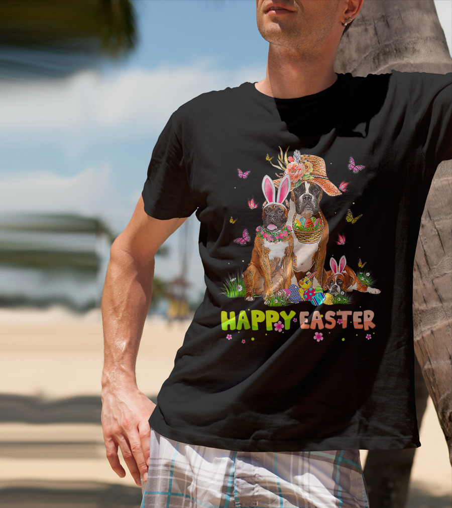 Happy Easter Boxer Dogs Bunny Ears Eggs And Butterflies T-Shirt