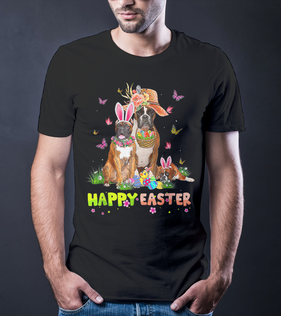 Happy Easter Boxer Dogs Bunny Ears Eggs And Butterflies T-Shirt