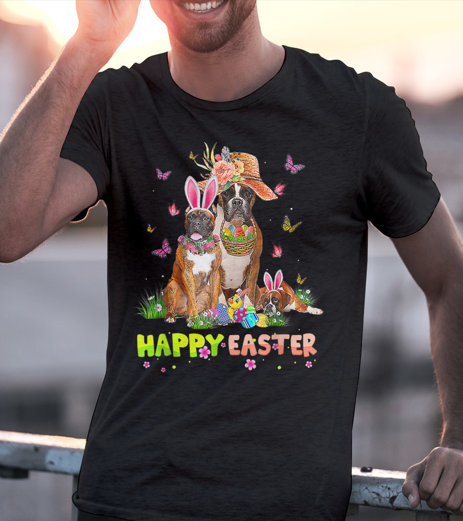 Happy Easter Boxer Dogs Bunny Ears Eggs And Butterflies T-Shirt