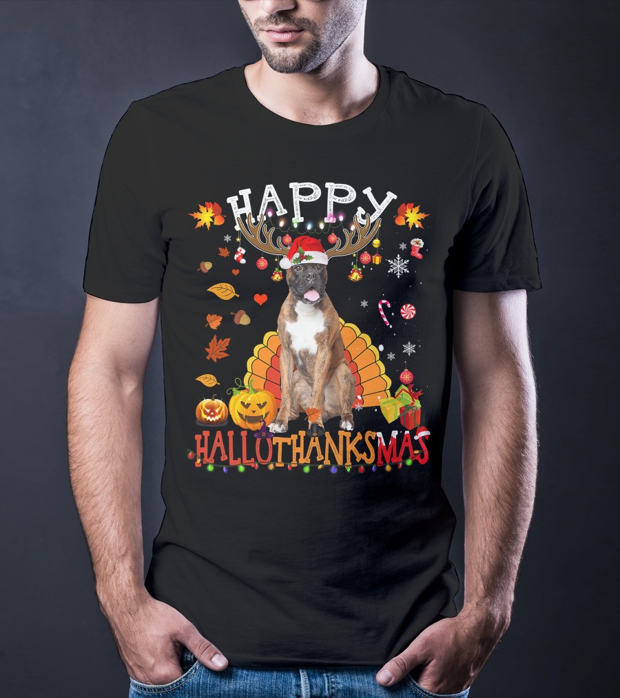 Happy Hallothanksmas Boxer Dog Halloween Turkey Christmas Lights T-Shirt