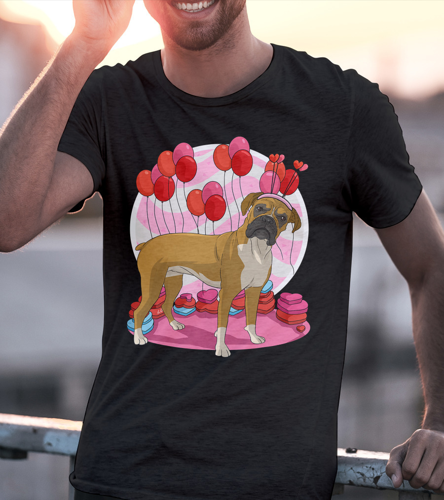 Boxer Dog With Heart Antlers And Balloons Valentine Decor T-Shirt