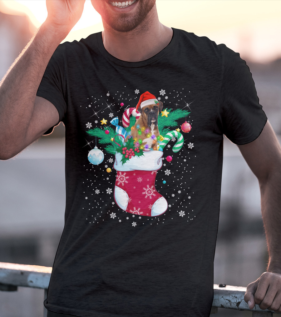 Boxer Dog In Santa Hat With Candy Canes In Christmas Stocking T-Shirt