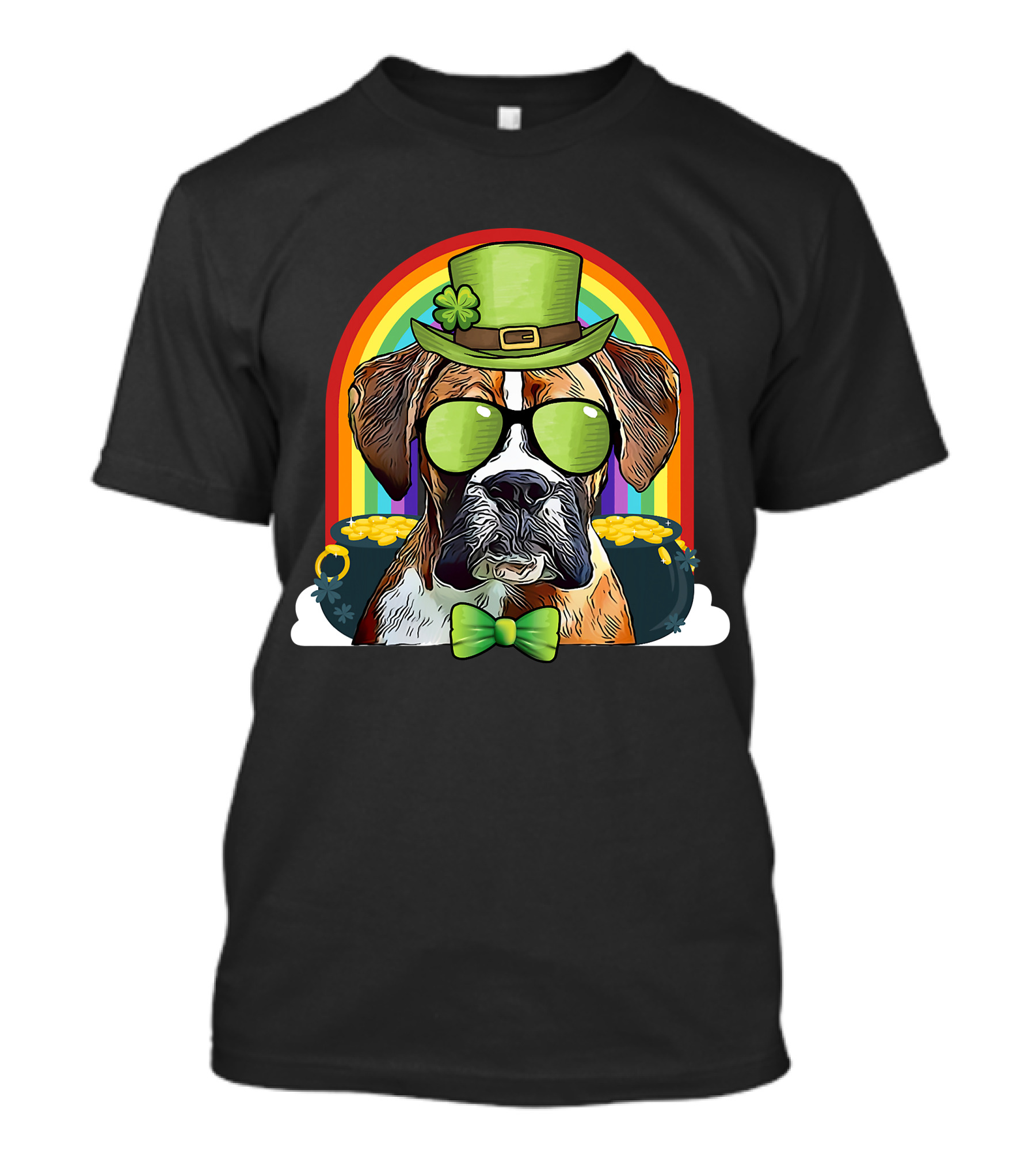 Boxer Dog Leprechaun Funny St Patricks Rainbow Hat Bow Tie Shamrocks T-Shirt
